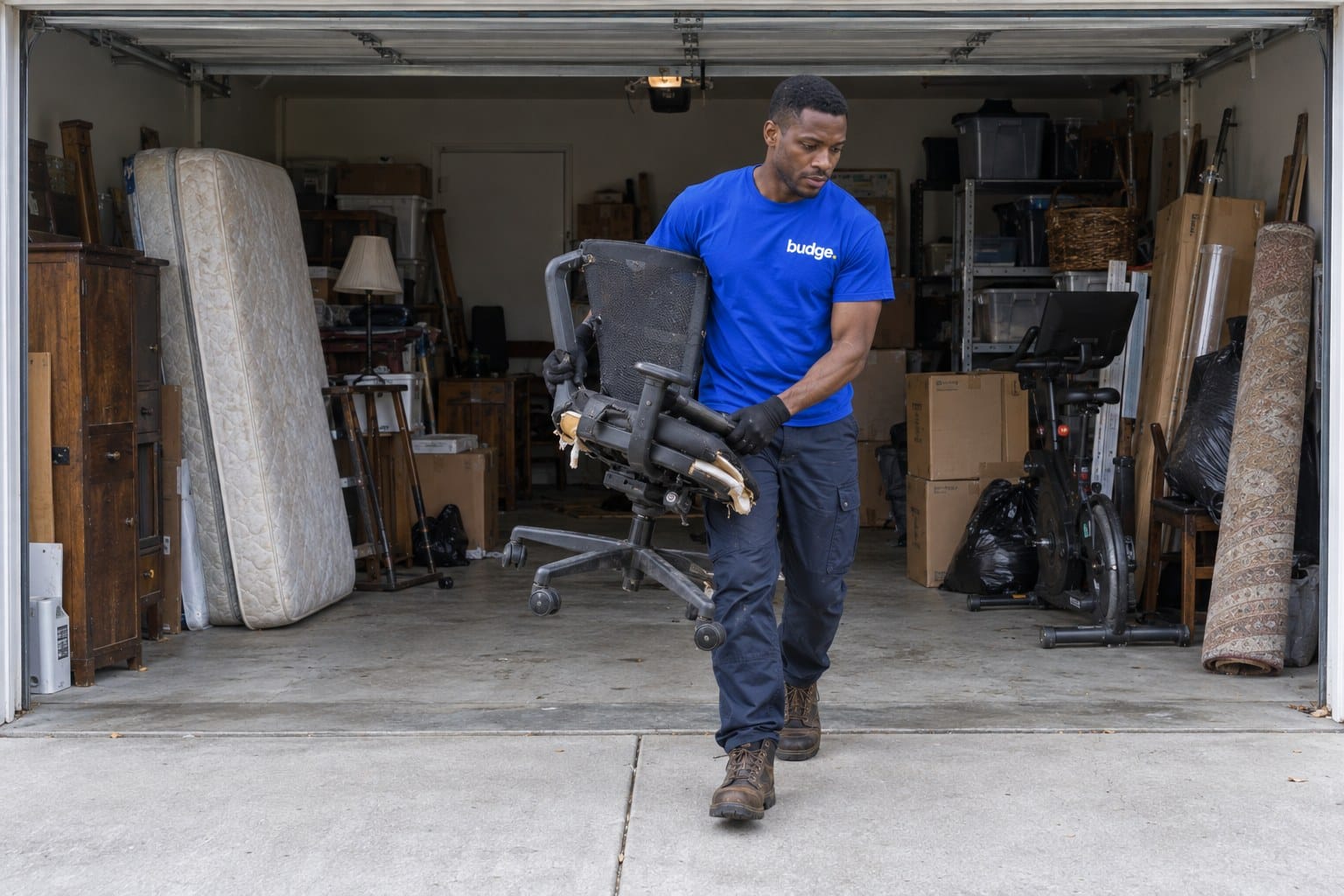 A crew member carrying a broken office chair out of a packed garage